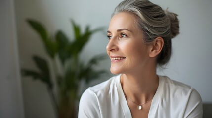 Elegant mature woman with gray hair smiling softly in natural light, wearing white blouse, representing confidence, wisdom, beauty, and grace in aging, healthy lifestyle, and positive mindset concept