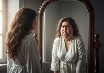 Woman looking in mirror sees sad, overweight reflection of herself. Concept of body dysmorphia, negative self-image, eating disorder, and low self-esteem.