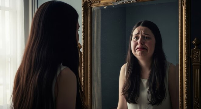 Woman looking in mirror sees sad, overweight reflection of herself. Concept of body dysmorphia, negative self-image, eating disorder, and low self-esteem.