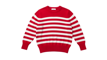 Garment featuring bold horizontal stripes of red and white knit fabric is isolated against a dark background