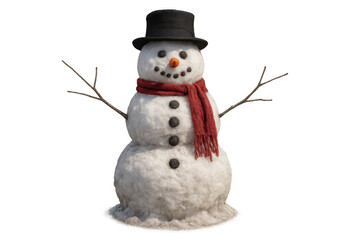 Snowman wearing black top hat, red scarf, and coal buttons, representing winter, christmas, and holiday joy