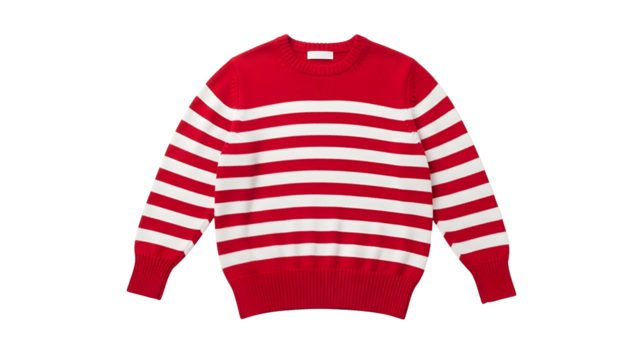 Garment featuring bold horizontal stripes of red and white knit fabric is isolated against a dark background