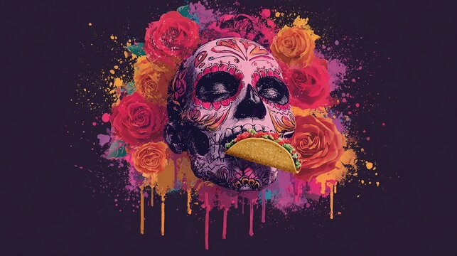Day of the dead skull with taco and flowers illustration for cinco de mayo design - Powered by Adobe