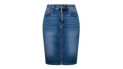 Fitted denim pencil skirt displays fading and texture against a solid black background
