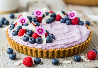 Gourmet blueberry cheesecake tart decorated with fresh mixed berries, coconut flakes, and edible flowers. Healthy vegan dessert on rustic wooden table.