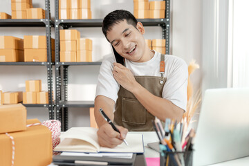 Entrepreneur in ecommerce startup representing innovation, logistics, and retail packaging, showing...