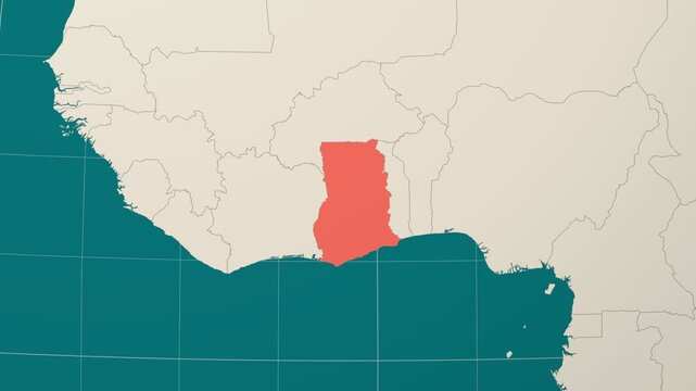 Ghana map. Animated zoom into the country on the Globe in Teal Pale Mint color palette. Country logo animation. Map with meridians, parallels. Amazing video.