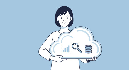 Woman Holding Cloud with Data Icons Illustrating Cloud Computing and Data Analysis Concepts