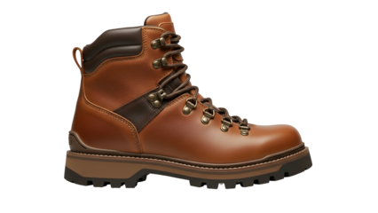 Sturdy leather hiking boot displays classic rugged design against a solid black background