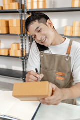 Entrepreneur in ecommerce startup representing innovation, logistics, and retail packaging, showing...