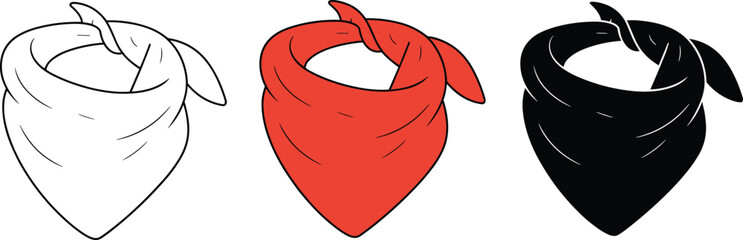 Bandana illustration set, white red black bandanas, fashion accessory clipart, triangle scarf vector, headwear design, isolated graphic elements