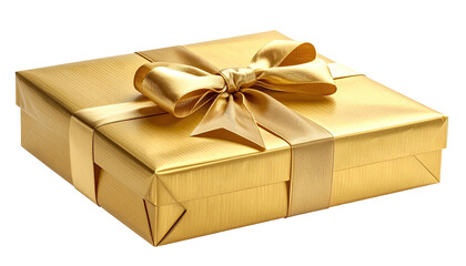 Gold-wrapped box, bow on top, presented on a dark backdrop