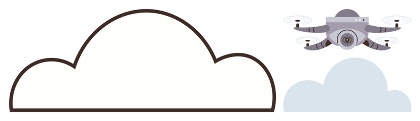 Modern quadcopter with camera hovering beside two cloud outlines. Ideal for technology, innovation, connectivity, surveillance, communication, cloud computing, and modern solutions. Simple flat