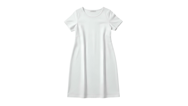 Simple white short sleeve knee length garment displayed against a black background