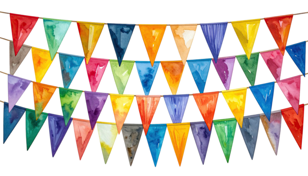 Colorful watercolor triangle bunting flags hanging