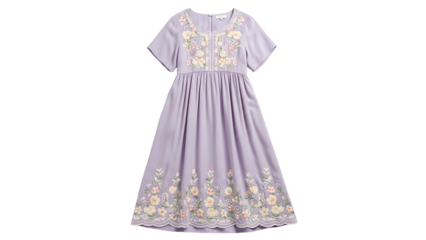 Feminine light purple garment featuring intricate floral embroidery detail on bodice and hem