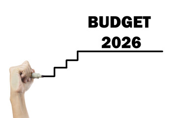Budget 2026 planning concept with hand drawing staircase line representing business growth and...