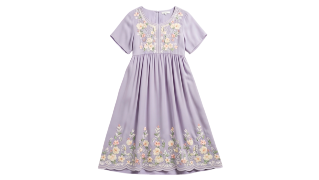 Feminine light purple garment featuring intricate floral embroidery detail on bodice and hem