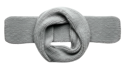 Knitted gray infinity loop scarf is displayed against a solid black background