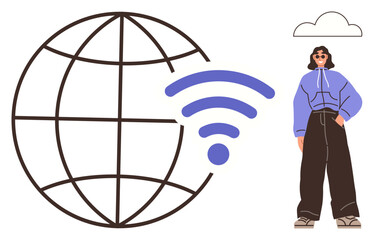 Woman stands beside a globe and wireless signal, representing global internet access, communication, and online freedom. Ideal for digital network, lifestyle, tech innovation, globalization, remote