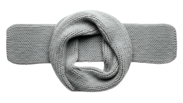 Knitted gray infinity loop scarf is displayed against a solid black background