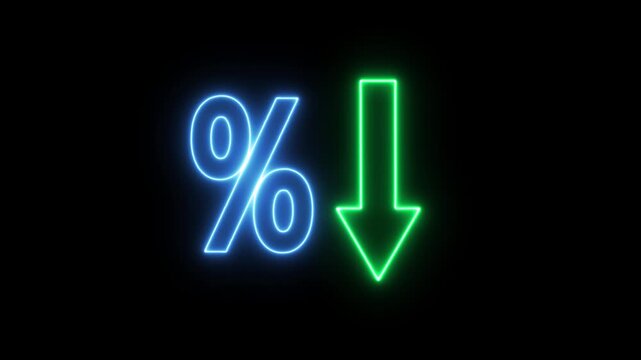 Percentage decrease neon sign, glowing downtrend animation, digital financial fall indicator