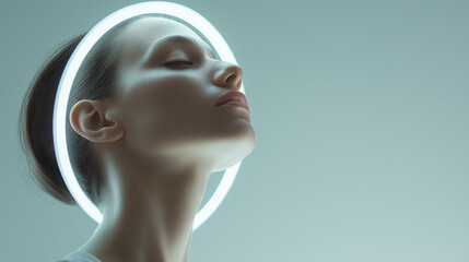 Radiant glow surrounds a woman with closed eyes, dreaming of serenity and inner peace