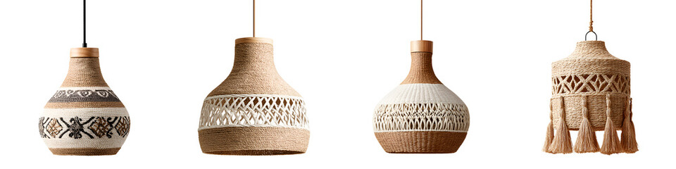 Set of four boho style pendant lights in neutral tones, isolated.