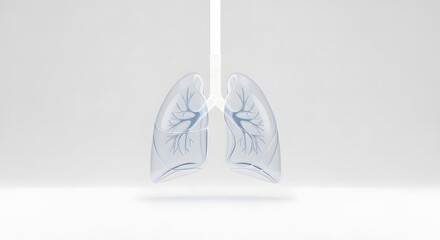 Minimalist 3D render of the human lungs and bronchial system in transparent light blue glass, floating against a clean white and gray background, health concept