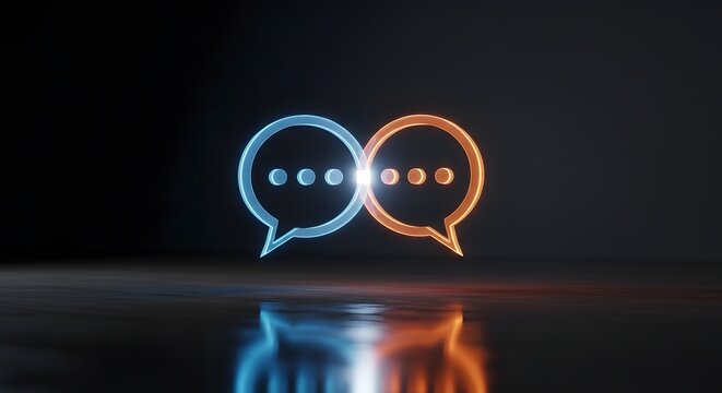 Two intertwined, neon glowing chat or speech bubbles with ellipsis dots, reflecting on a dark floor, symbolizing digital communication and conversation