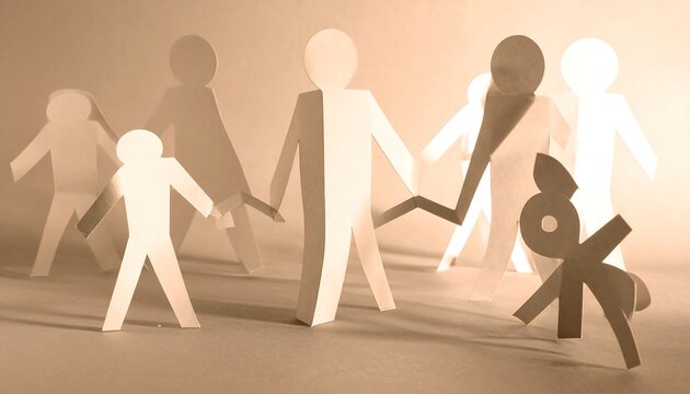 Group of paper cut-out figures, holding hands, in sepia lighting