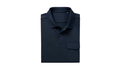 Folded dark navy blue short sleeve collared garment displayed against a solid black background