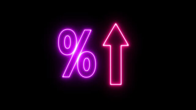 Percentage increase neon glow, financial growth arrow animation, digital rising indicator