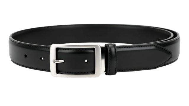 Sleek black leather accessory features a rectangular polished metal fastener against a dark background