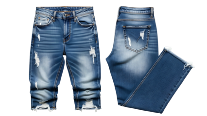 Two views of distressed blue denim trousers displayed against a solid black background