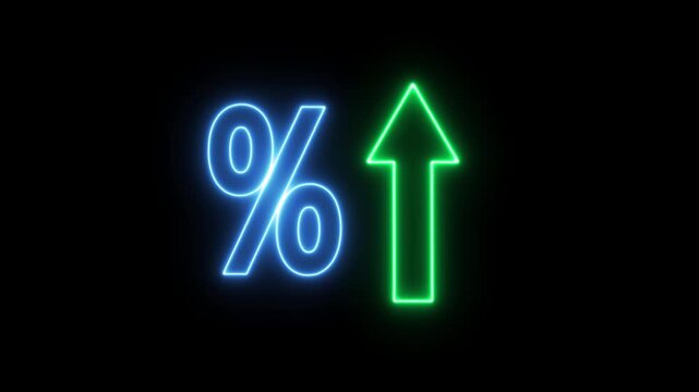 Percentage increase neon glow, financial growth arrow animation, digital rising indicator