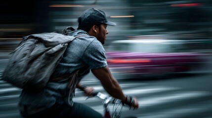 A determined urban cyclist with a large backpack navigates busy city streets captured with significant motion blur and speed streaks