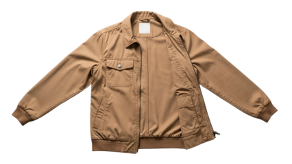 Casual tan outerwear garment laid flat against a dark backdrop