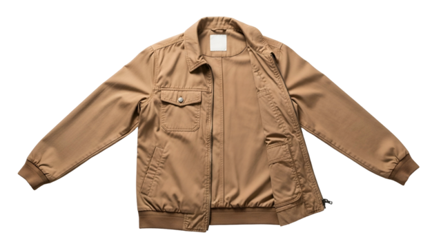 Casual tan outerwear garment laid flat against a dark backdrop