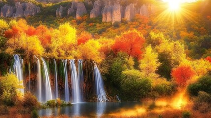 Cascading waterfall autumn forest nature photography scenic landscape golden hour light