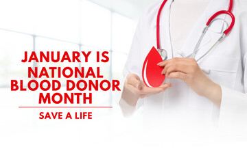 Healthcare professional holds a red blood drop symbol