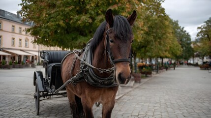 A brown horse wearing a harness is hitched to a carriage in a historic town square with autumn trees
