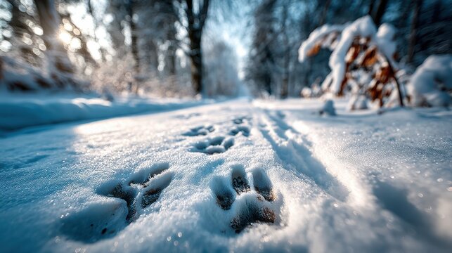 Paw prints in fresh snow lead through a serene, wintery forest, capturing the tranquility of nature and the beauty of a snowy landscape. - Powered by Adobe