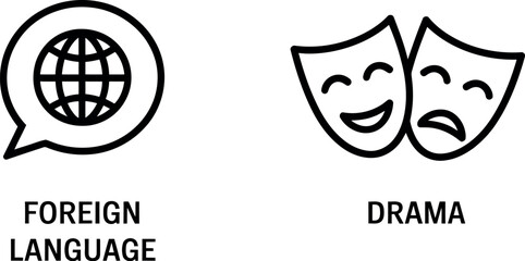 Minimalist icons foreign language globe and theater drama masks simple outline art symbols vector