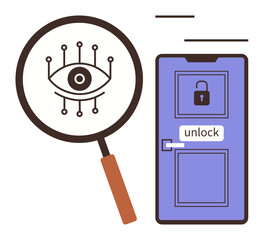 Magnifying glass examining eye with digital nodes beside a locked door labeled unlock. Ideal for cybersecurity, data protection, privacy, information access, surveillance, innovation, technology