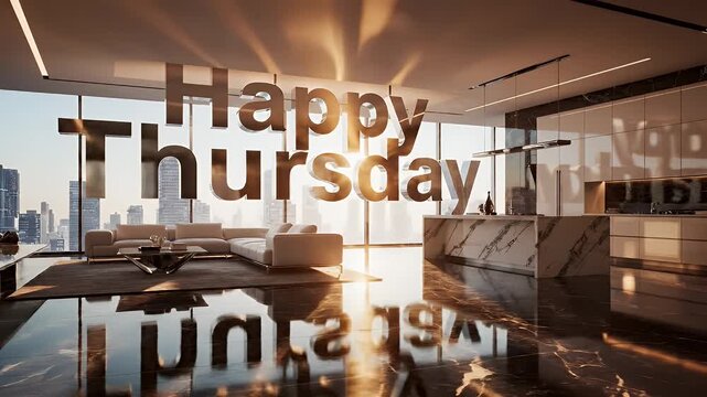 A modern, luxurious interior featuring a panoramic city view and a "Happy Thursday" message