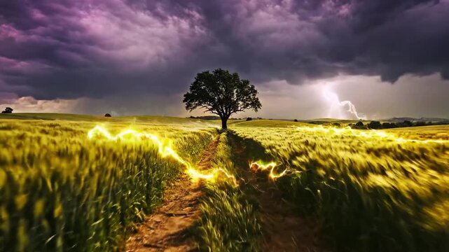 A solitary tree stands in a golden field under a stormy sky, lightning flashes
