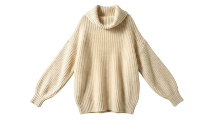 Cream colored chunky knit turtleneck garment displayed against a solid dark background