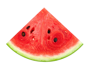 Juicy watermelon slice with seeds, vibrant red flesh, and a refreshing green rind isolated on white