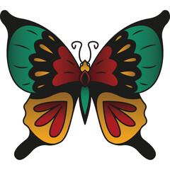 Colorful Butterfly Illustration With Black Outlines And Gradient Wings Featuring Red Green And Yellow Accents Detailed Insect Art On Transparent Background